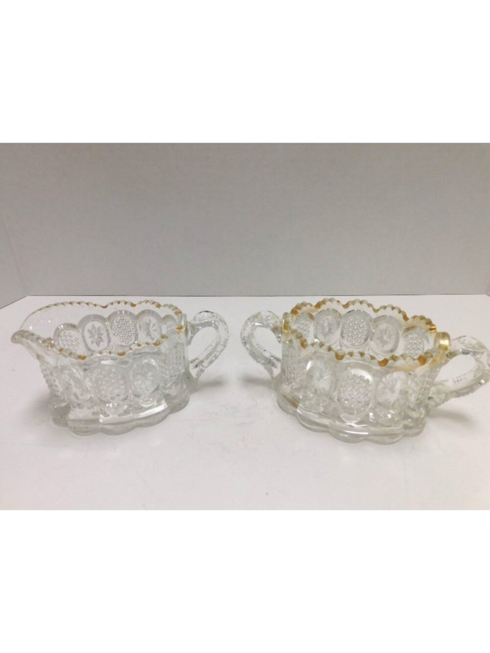 Vintage U.S Glass Co. Cane & Star Medallion Open Creamer & Sugar Set Curca 1905